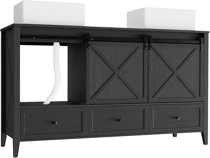 VNN Bathroom Vanity with Sink - 60 Inch Bathroom Vanity Double Sink Ceramic, Freestanding Cabinet with 2 Farmhouse Sliding Barn Doors and 5 Drawers, Space-Saving Storage Cabinet, Black Wood Grain - ModernBath