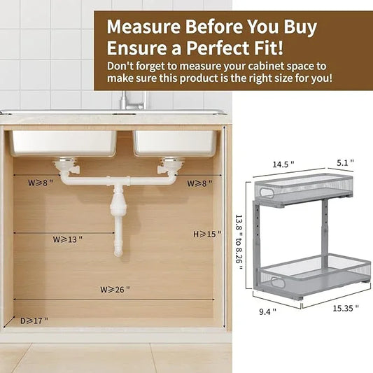 Under Sink Organizer 2 Pack, 2-Tier Slide Out Cabinet Organizer with Metal Sliding Drawer and Hooks, Pull Out Storage Baskets for Kitchen Bathroom Pantry Cabinet Organization (grey) - ModernBath