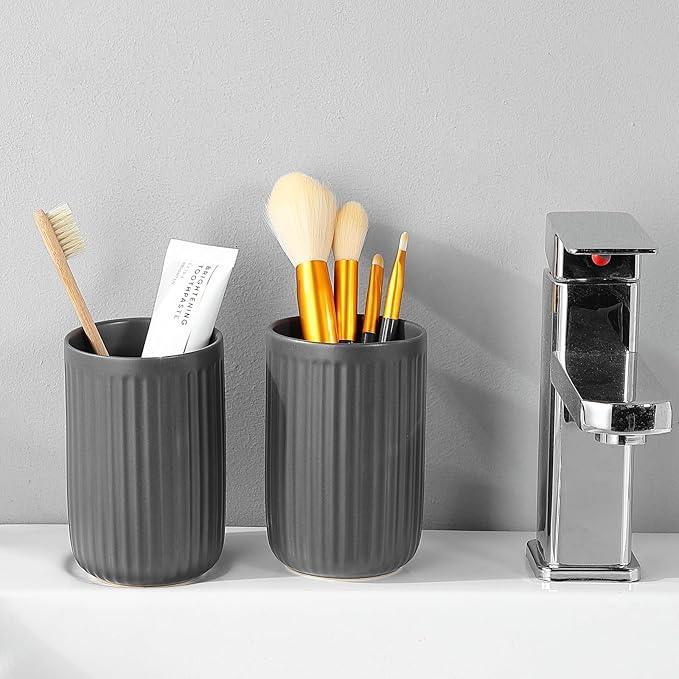 Matte Grey Toothbrush Holders for Bathrooms - Ceramic Toothbrush Toothpaste Holders Set, Bathroom Tumbler Cups Reusable Toothbrush Cup Grey Mouthwash Cup, Counter Organizer. - ModernBath