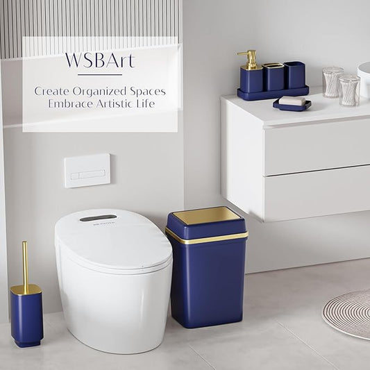 9PCS Bathroom Accessory Set, Navy Blue Bathroom Set with Large-Capacity 4 Gallon Trash Can, Bathroom Accessories Set Complete Toothbrush Holder, Soap Dispenser, Toilet Brush, Bathroom Decor