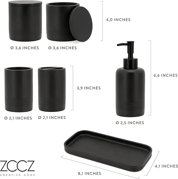 ZCCZ Black Matte Bathroom Accessories Set 6 Pieces - Toothbrush Holder, Lotion Dispenser, Qtip Container, Vanity Tray, Tumbler - Countertop Organizer for Bathrooms - Elegant and Functional Décor Set - ModernBath