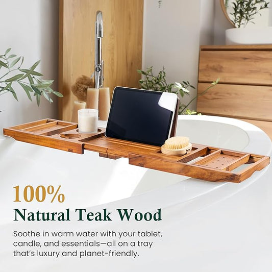 Realgulf Teak Bathtub Tray, Bath Caddy with Wine Glass Holder, Phone Dock & Book Stand | Hands-Free Reading & Ultimate Spa Relaxation Experience-Natural