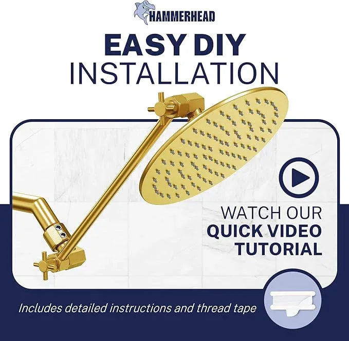 HammerHead Showers Solid Metal 12 Inch Adjustable Shower Head Extension Arm, Raises Showerhead Height, Shower Extender Arm Supports Up to 10 lbs, Brushed Gold - ModernBath