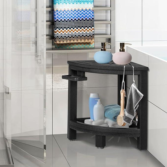 LOENIY 2-Tier Corner Shower Stool with Hooks & Soap Dish, HDPE Shower Bench for Shaving Legs, Wood-Like Shower Stool for Inside Shower with Non-Slip Foot Pads, Waterproof Shower Foot Rest (Black) - ModernBath