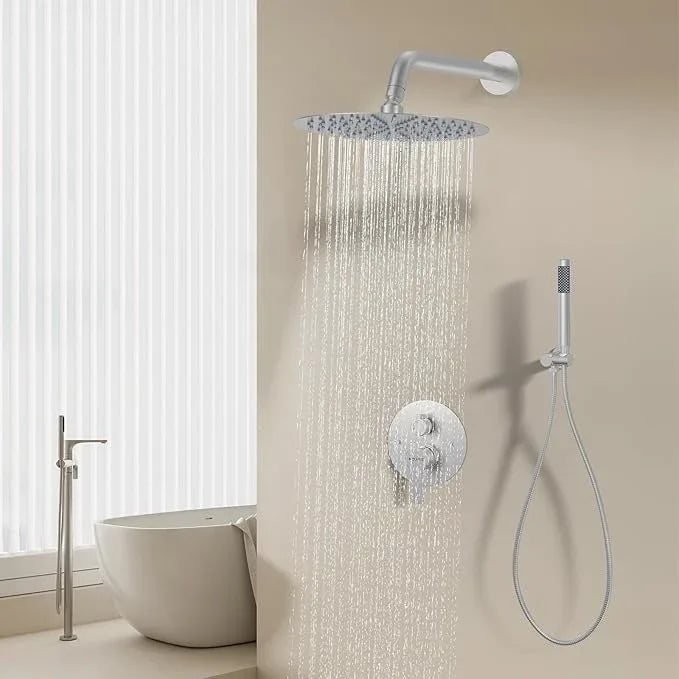 12-Inch Brushed Nickel Shower System: Ultimate High-Pressure Experience with Rainfall & Handheld Heads, Wall-Mounted Mixer, Rough-In Valve, & Trim Kit - ModernBath
