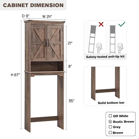 ACCOHOHO Over The Toilet Storage Cabinet, Farmhouse Bathroom Cabinet with Adjustable Shelf & Barn Door, 67" Tall Over The Toilet Shelf, Rustic Brown - ModernBath