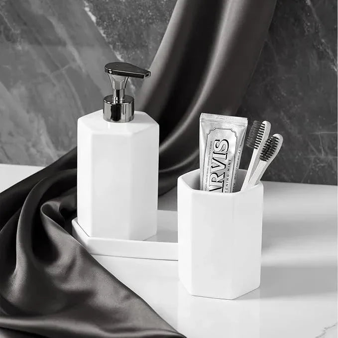 Silver Soap Dispenser Pump Ceramic Bathroom Accessories Complete with Soap Dispenser, Toothbrush Holder, Bathroom Tumbler, and Vanity Tray - Modern Bathroom Decor,3PCS - ModernBath