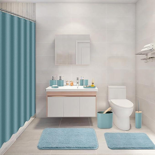 XLHOMO Bathroom Set - Light Blue Bathroom Accessories Set, Bathroom Sets with Shower Curtain and Rugs, 25PC Shower Curtain Set with Hooks, Soap Dispenser, Soap Dish, Toilet Brush Holder and Trash Can - ModernBath
