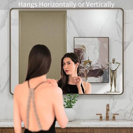 LOAAO 40”X30” Bronze Bathroom Mirrors for Vanity, Rounded Rectangle Brushed Bronze Metal Frame Mirror, Anti-Rust, Tempered Glass, Hangs Horizontally or Vertically - ModernBath