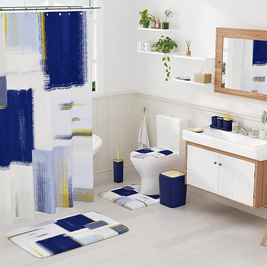 XLHOMO Bathroom Accessories Set - 25PC Bathroom Set with Shower Curtain and Rugs, Blue Bathroom Set, Bathroom Accessory Set with Press-on Lid Trash Can, Soap Dispenser and Qtip Holders - ModernBath