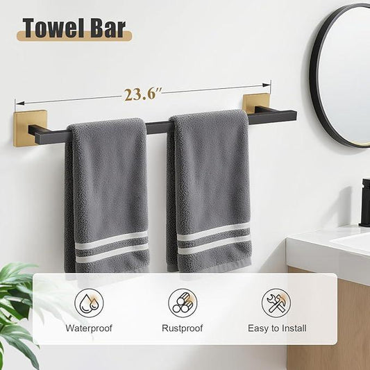 YACVCL 5-Pieces Black and Gold Bathroom Hardware Accessories Set Stainless Steel Bathroom Towel Bar Set Towel Holder Set for Bathroom,Upgraded Toilet Paper Holder with Shelf,Wall Mounted 23.6" - ModernBath