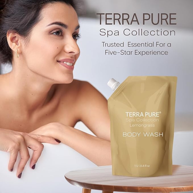 Terra Pure Spa Collection 1 Liter Body Wash Refill Bag For Soap Dispensers | Bulk Toiletries for Vacation Rentals, and Home Bathroom Showers | Green Tea Lemongrass | Single