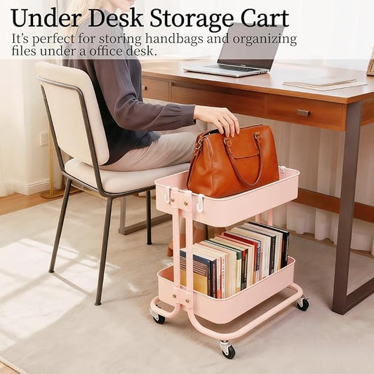 2 Tier Rolling Cart with Wheels for Under Desk Storage, Pink Small Rolling Pantry Storage Cart for Small Space, Metal Utility Shelf for Kitchen Bathrrom Laundry Room Organization