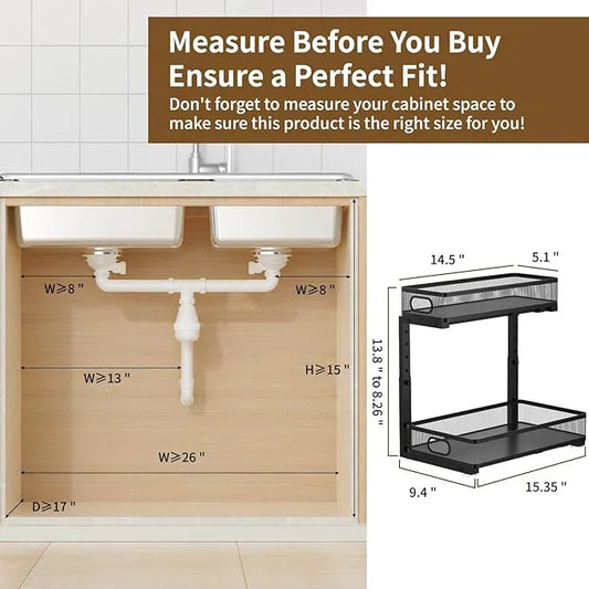 Under Sink Organizer 2 Pack, 2-Tier Slide Out Cabinet Organizer with Metal Sliding Drawer and Hooks, Pull Out Storage Baskets for Kitchen Bathroom Pantry Cabinet Organization (black) - ModernBath