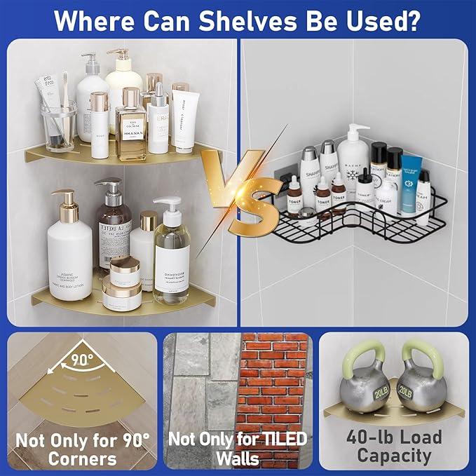 2 Pack Corner Shower Shelves Load Capacity 40 lbs 304 Stainless Steel Shower Corner Shelf Will not Rust 8in Shower Shelf for Inside Shower Brushed Gold Drilling Installation - ModernBath