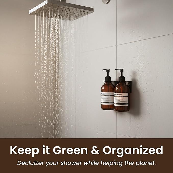 MaisoNovo Shampoo and Conditioner Dispenser - Shower Soap Dispenser Wall Mounted - 16.9 fl oz Set of 2 Amber Plastic Bottles Black Pump - Shampoo Dispenser, Shower Dispenser 2 Chamber No Drill - ModernBath