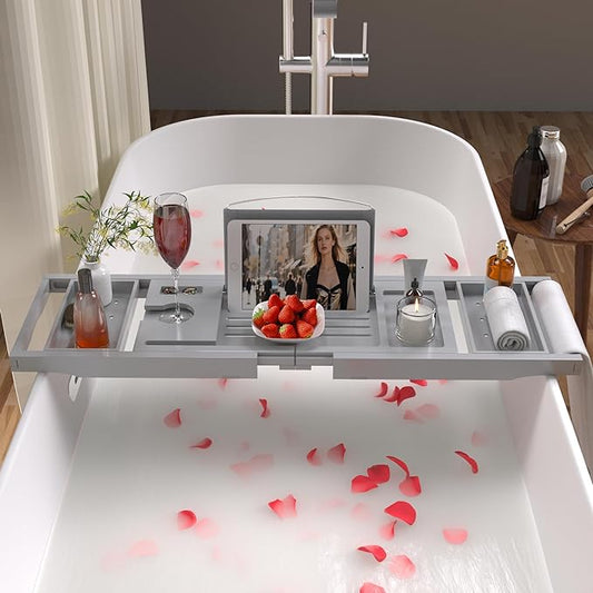 Bathtub Caddy Tray for Tub,Foldable Bath Table Trays,Bamboo Shelf with Book and Wine Glass Holder,Bathroom Accessories Suitable for Luxury Spa or Reading,Gray
