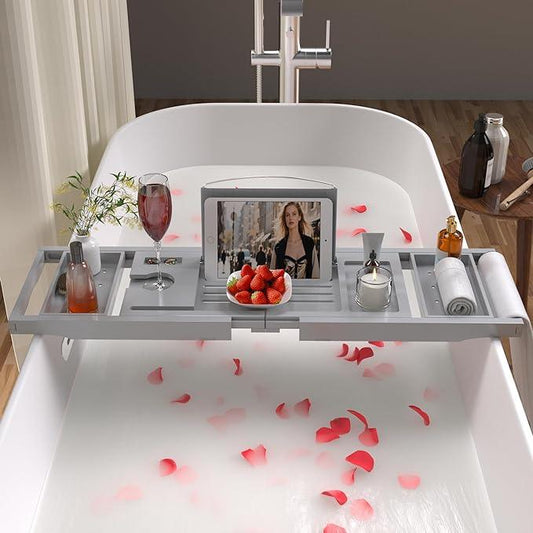Bathtub Caddy Tray for Tub,Foldable Bath Table Trays,Bamboo Shelf with Book and Wine Glass Holder,Bathroom Accessories Suitable for Luxury Spa or Reading,Gray - ModernBath