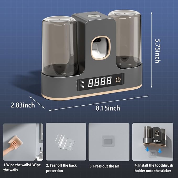 POPZJXDM Electric Toothbrush Holders for Bathrooms, Dustproof Smart Toothbrush Holder Wall Mounted - 4 Brush/2 Cup, Auto Toothpaste Dispenser, Hot Air Drying & LCD Display,Toothbrush Cleaner (Gray)