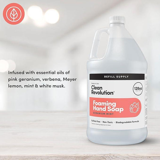 Clean Revolution Foaming Hand Soap, Gentle, Moisturizing, Ready To Use Formula, Real Essential Oils, Gluten Free, Geranium Mint, 128 Fl Oz - ModernBath