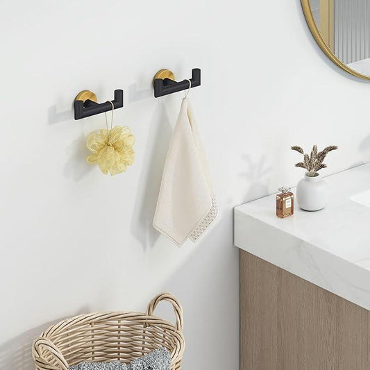 Angle Simple Towel Double Hook Black & Gold, 2 PCS Stainless Steel Bathroom Towel Holder, Dual Robe Coat Hook for Wall - ModernBath