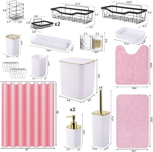XLHOMO Bathroom Accessories Set - 30PC Gorgeous White Bathroom Set, Bathroom Accessory Set, Pink Shower Curtain Set with Shower Caddies, Soap Dish & Trash Can - ModernBath