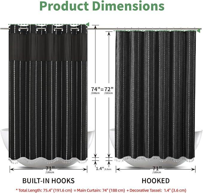 eachope Boho Farmhouse No Hook Shower Curtain Set with Snap-in Fabric Liner,Heavy-Duty Linen Textured Rustic Striped Design,Water-Repellent with Tassels and Sheer Window,Black,71x74 - ModernBath