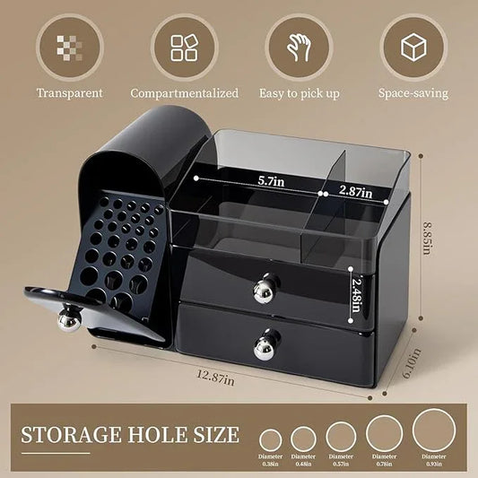 Makeup Organizer with Brush Holder for Vanity, Large Cosmetic Display Cases with 2 Drawers, Skincare Organizer for Bathroom Countertop, Black - ModernBath
