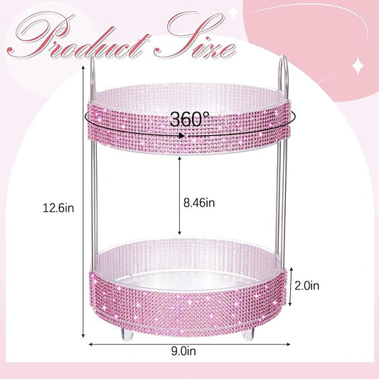 Honeydak 360 Rotating Perfume Organizer Rhinestone Bathroom Counter Organizer Makeup Holder with 2 Tiers Skincare and Perfume Storage, Vanity Storage for Cosmetic Countertop Decor (Pink)