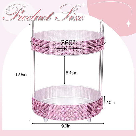 Honeydak 360 Rotating Perfume Organizer Rhinestone Bathroom Counter Organizer Makeup Holder with 2 Tiers Skincare and Perfume Storage, Vanity Storage for Cosmetic Countertop Decor (Pink) - ModernBath