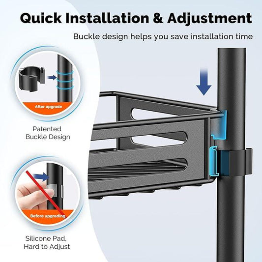 HAMITOR Corner Shower Caddy Tension Pole: Quick Installation 4-Tier Rustproof Bathroom Organizer Shelves for Bathtub Shampoo Storage - 47-121 inch Adjustable Floor Standing Bath Rack Holder - Black - ModernBath