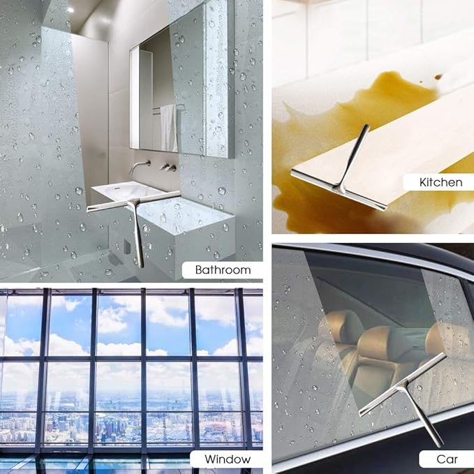 Shower Squeegees Stainless Steel with Self Adhesive Hook Window Squeegees for Shower Doors Bathroom Mirror Wiper, Window Glass Cleaning
