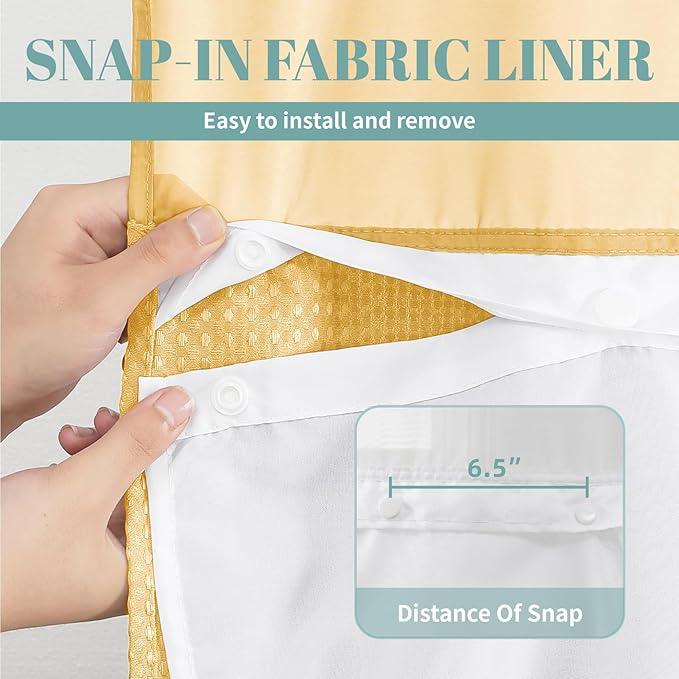 eachope Gold No Hook Waffle Weave Shower Curtain with snap-in Liner Replacement, 230GSM Waterproof Fabric Hotel Shower Curtain Set for Bathroom, Through Mesh Top Window,71Wx77H - ModernBath