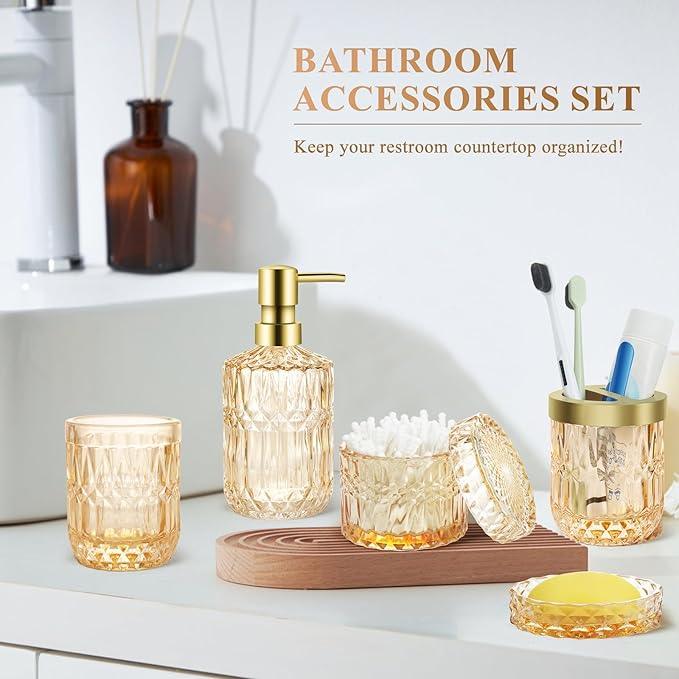 Ulable Bathroom Accessories Set, 5Pcs Gold Glass Bathroom Accessories Set with Gold Soap Dispenser, Soap Dish, Toothbrush Holder, Tumbler, Cotton Swab Jars - ModernBath