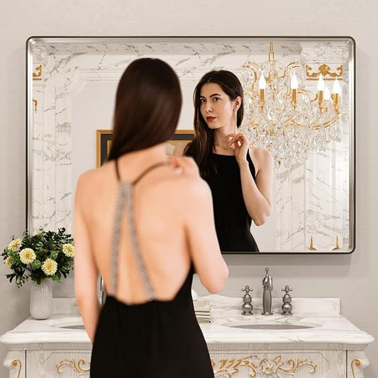 LOAAO 60X40 Inch Brushed Nickel Bathroom Mirror, Rounded Rectangle Silver Metal Frame Mirror, Brushed Nickel, Anti-Rust, Shatter Proof, Hangs Horizontally or Vertically - ModernBath