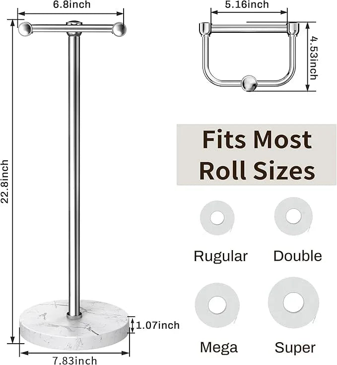Toilet Paper Holder Stand, Bathroom Free Standing Toilet Paper Stand with Modern Marble Base, Post Pivoting Toilet Paper Stand with Stainless Steel Tissue Rack, Rust-Proof & Heavy Base(Chrome) - ModernBath
