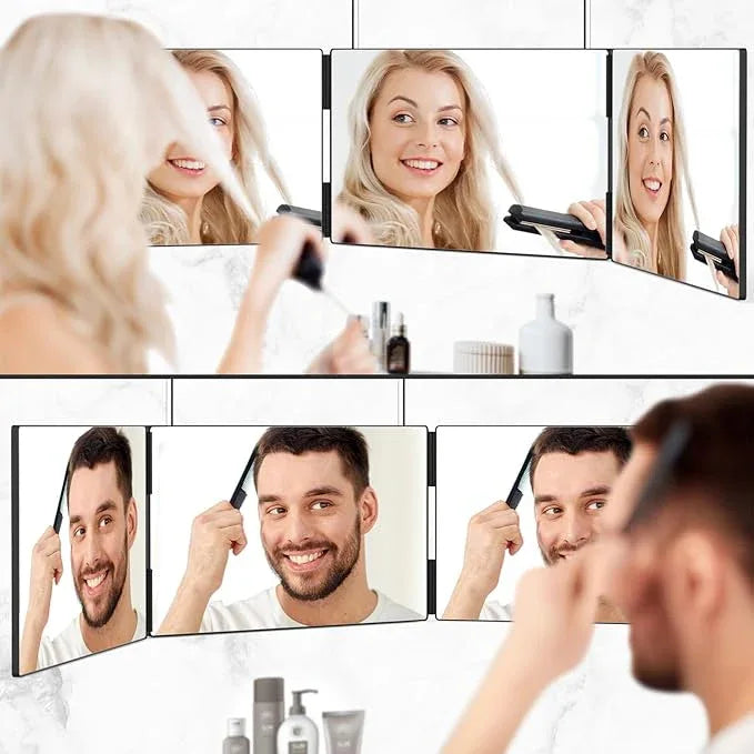 OLIBUY 3 Way Mirror with LED for Hair Cutting, Tri-fold Mirror for Shaver and Makeup, Adjustable Telescoping Hooks-with LED Version - ModernBath