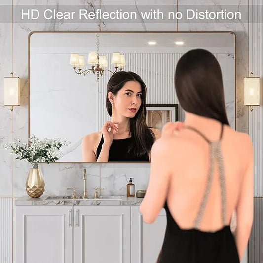 LOAAO 48”X30” Gold Bathroom Mirror, Rounded Rectangle Gold Frame Mirror, Brushed Gold Bathroom Vanity Mirror Wall-Mounted, Anti-Rust, Tempered Glass, Hangs Horizontally or Vertically - ModernBath