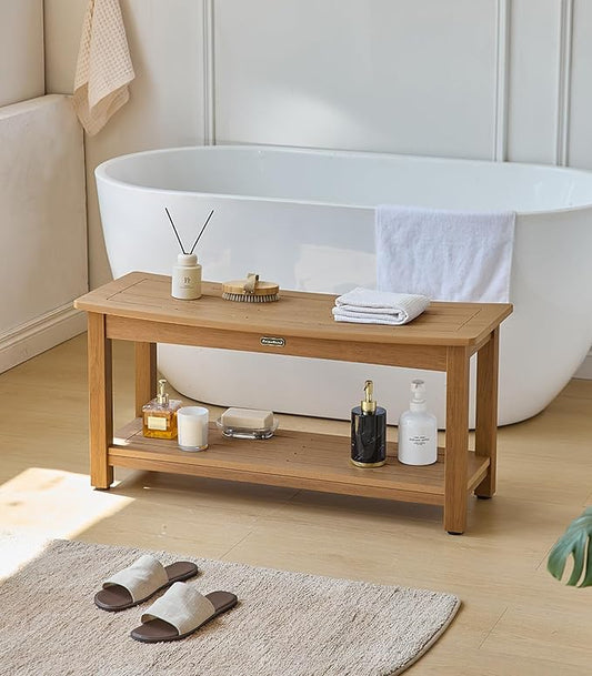 36'' Large Shower Bench Seat, Poly Lumber Bath Stool for Inside Shower Waterproof, HDPS Bathroom Chair for Shaving Legs with Adjustable Feet, Non-Slip & No Maintenance, Brown