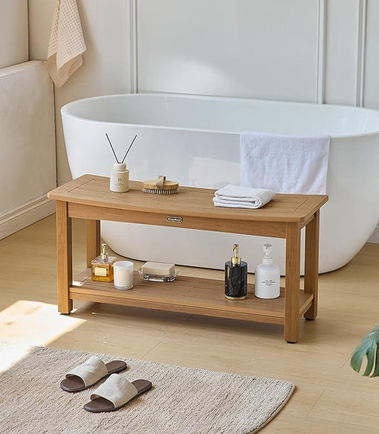36'' Large Shower Bench Seat, Poly Lumber Bath Stool for Inside Shower Waterproof, HDPS Bathroom Chair for Shaving Legs with Adjustable Feet, Non-Slip & No Maintenance, Brown - ModernBath