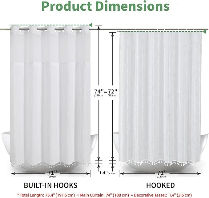 eachope White Farmhouse No Hook Shower Curtain Set with Snap-in Fabric Liner,Boho Heavy-Duty Linen Textured Rustic Striped Design,Water-Repellent with Tassels and Sheer Window,71x74 - ModernBath