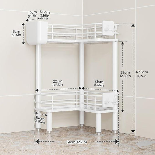 Orimade Rustproof 2 Tier Floor Standing Corner Shower Caddy Organizer with Toothbrush Holder, Large Spacing Floor Shower Shelf Rack Storage Stands with Hooks for Bathroom Kitchen, White - ModernBath