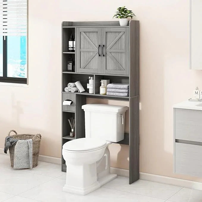 Vabches Over The Toilet Storage Cabinet, Farmhouse Style with 2 Barn Doors, Toilet Paper Holder, Space-Saving for Bathroom & Laundry, Gray - ModernBath