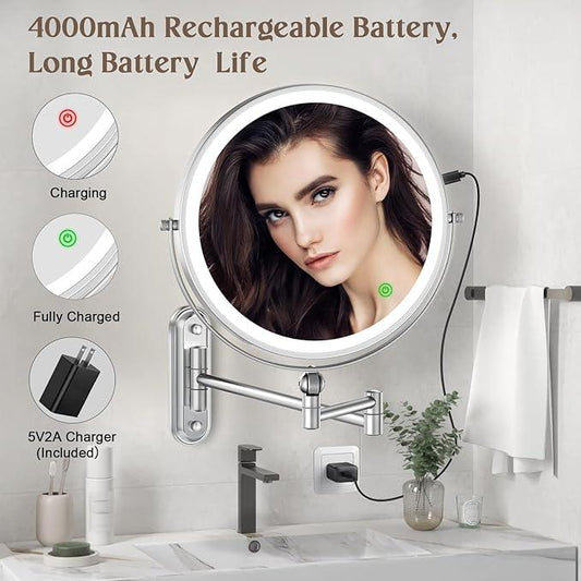 9" Wall Mounted Makeup Lighted Mirror, 4000mAh Rechargeable Double Sided LED Vanity Mirror with Height Adjustable&1X/10X Magnification, 3 Color Lights Touch Screen Dimmable 360°Swivel Bathroom Mirror - ModernBath