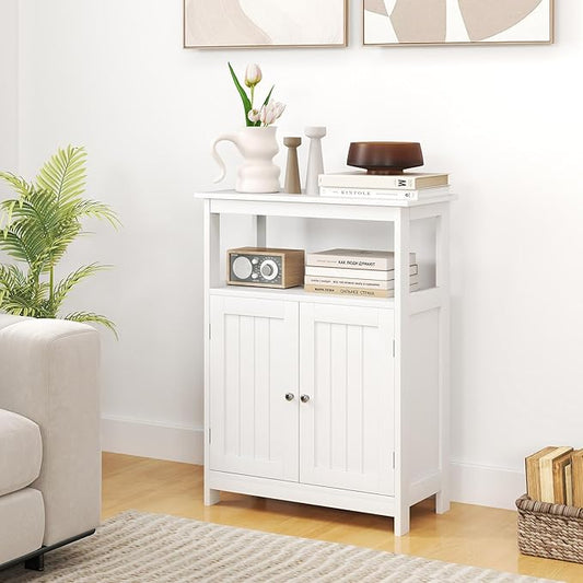 GOFLAME Bathroom Cabinet, Floor Storage Organizer with 2 Doors, 2 Open Shelves, 3-Level Adjustable Shelf, Modern Storage Unit for Laundry Room, Entryway, Living Room, White