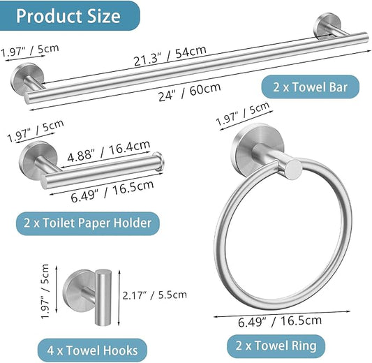 10-Pieces Bathroom Hardware Set, Includes 24 Inch Towel Racks for Bathroom Wall Mounted, Toilet Paper Holder, Towel Hooks for Bathrooms, Towel Rings for Bathroom Wall (Brushed Nickel)