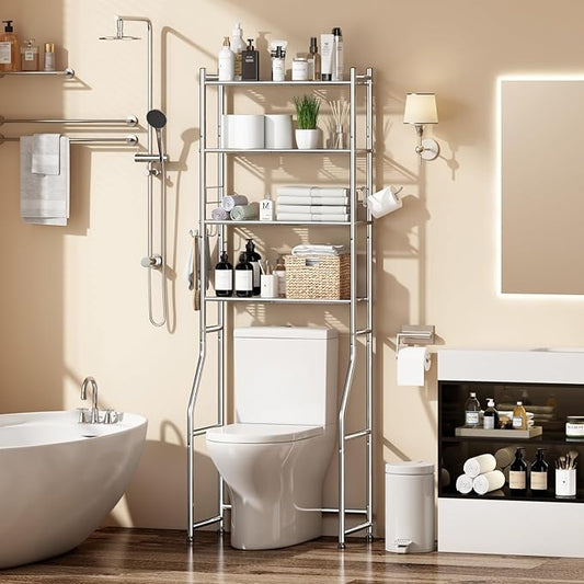 Over The Toilet Storage Rack, 4-Tier Metal Over Toilet Storage Shelves, Freestanding Bathroom Organizer with 4 Hooks and Paper Holder, Above The Toilet Storage Shelf for Bathroom, Chrome
