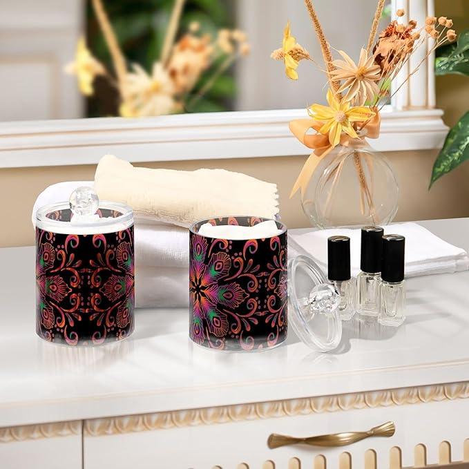 Tatenale Qtip Holder Bathroom Set Q tip Cotton Ball Swab Pad Dispenser Container Organizer Plastic Jars with Lids Storage 2Pack Ethnic Feathers Mandala Black - ModernBath
