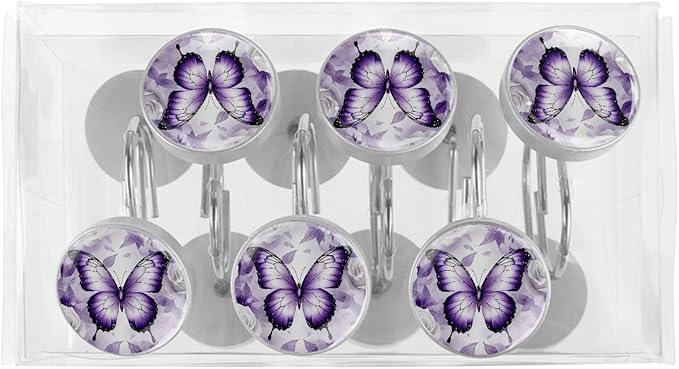 Purple Butterfly and Flower Shower Curtain Hooks, 12Pcs Decorative Rust Resistant Shower Rings for Shower Curtain Rods, Stainless Steel Round Curtain Hooks for Bathroom, Bedroom - ModernBath