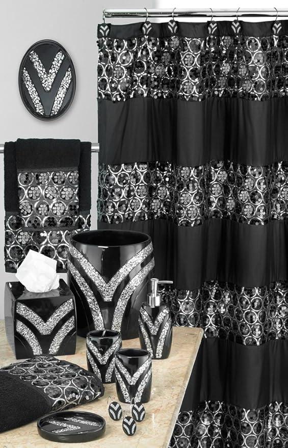 Zahari Home 13pc Sinatra Bathroom Shower Curtain Set Classic Shower Curtain & 12 Shower Curtain Hooks Luxury Fabric Shower Curtain Unique Design Bling Black Shower Curtain Set - ModernBath